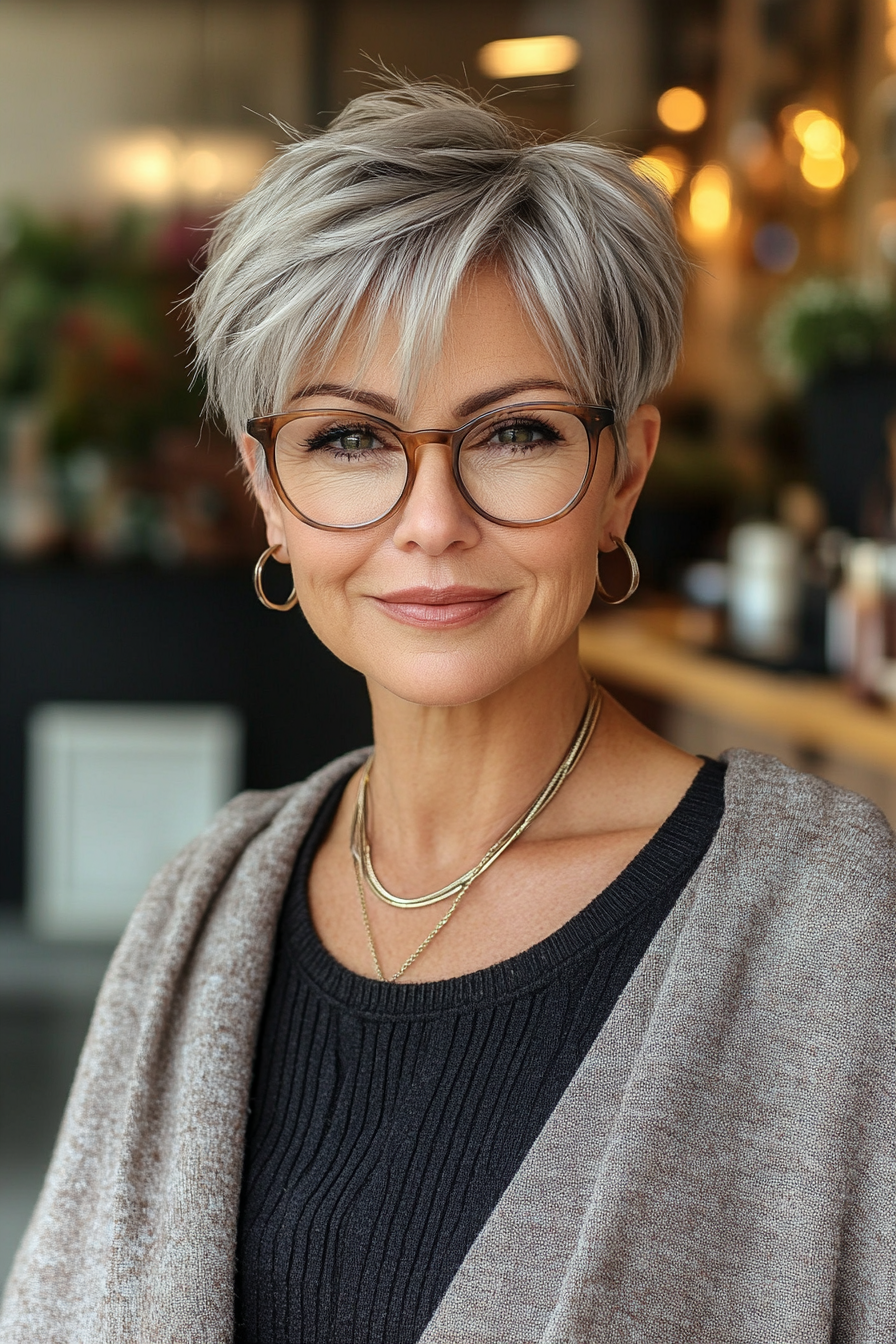 30 idées de pixie pour femmes de plus de 60 ans portant des lunettes